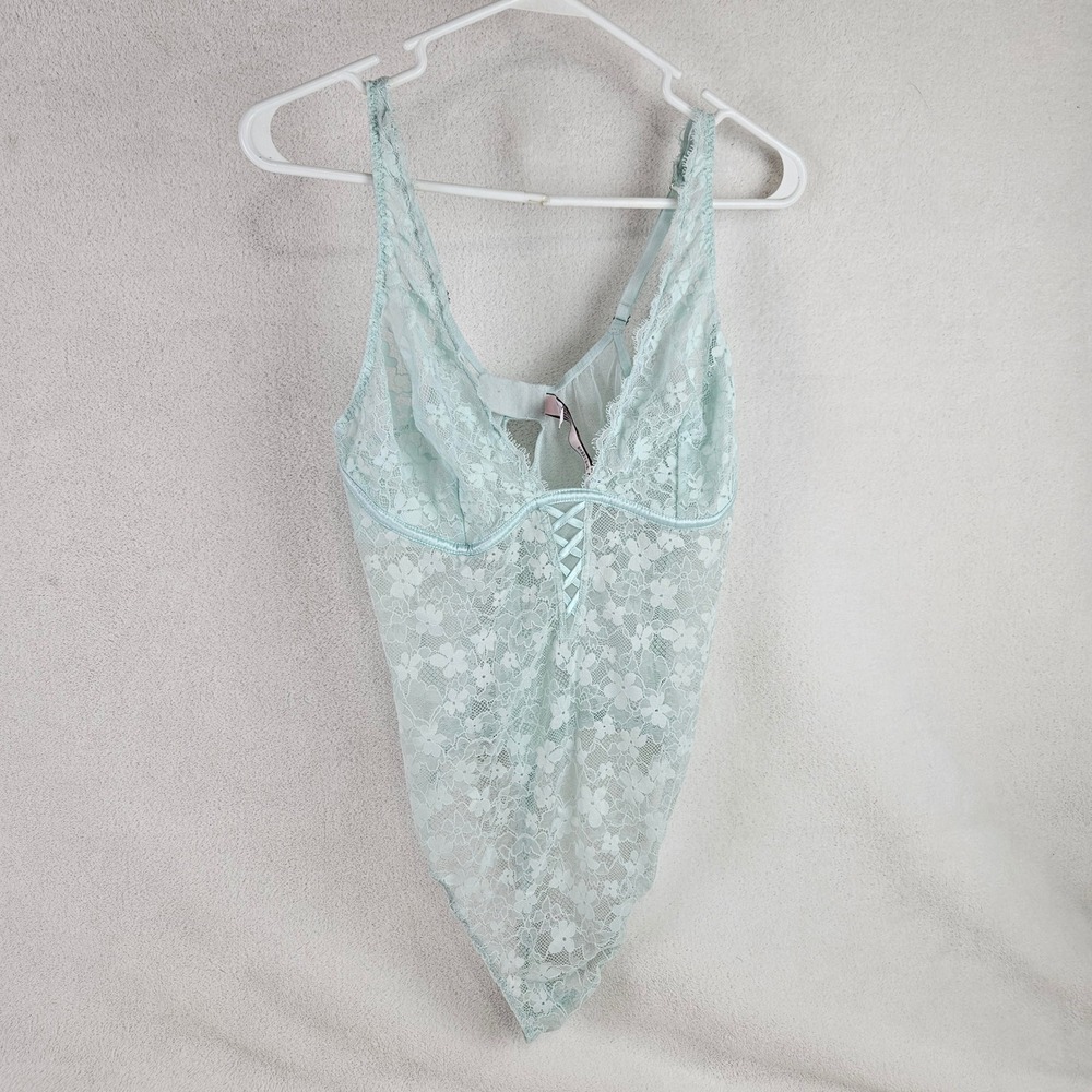 Victoria's Secret Mint Green Floral Lace Bodysuit XL Sheer Mesh Lace-Up Lingerie